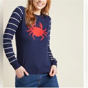 ModCloth Women's S Small Chatty Crabby Crab Knit Sweater Nautical Fitted Blue